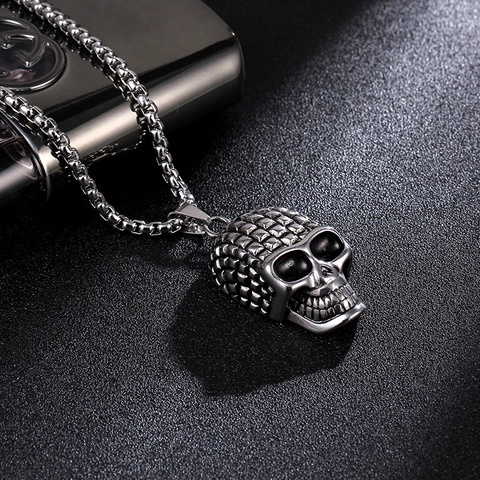 Collar de Pendiente de Calavera de Acero de Titanio Gótico Retro Punk Cabeza de Esqueleto Cadena de Caja para Hombre Mujer Joyería Halloween
