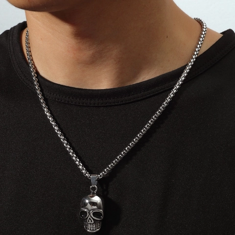 Collar con Colgante de Calavera Gótica para Hombre de Acero de Titanio Cadena Punk Moda Halloween Joyería Regalo Retro Plata