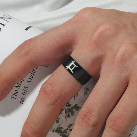 Stainless Steel Zodiac Sign Ring For Men Women Matte Black Wide Band Titanium Steel Laser Engraved Minimalist Fashion Jewelry Finger Ring