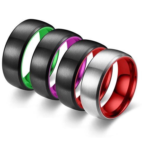 Moderner Edelstahl Zweifarben Ring Gebürstete Matte Oberfläche Bunter Innenring Für Unisex Hochzeit Paar Schmuck Geschenk