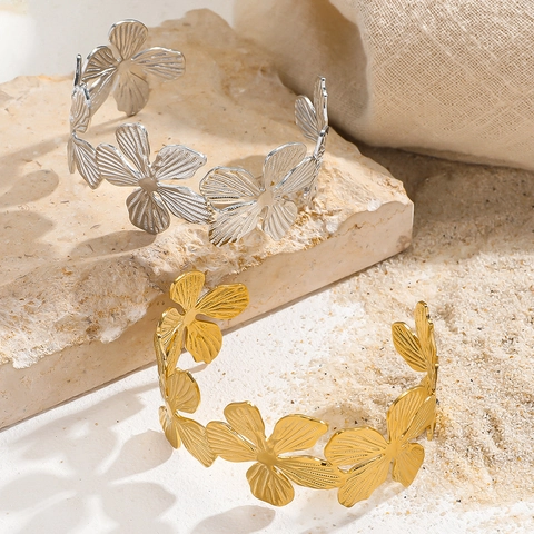 Brazalete Abierto de Flor de Acero Inoxidable 316 Vintage Chapado en Oro 18K Impermeable Hipoalergénico Joyería para Mujer