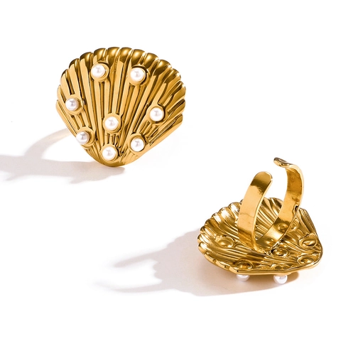Anello Aperto in Acciaio Inossidabile a Forma di Conchiglia con Künstliche Perle Sintetiche Capasanta Regolabile Gioielli Donna