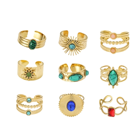 Bagues Ouvertes En Acier Inoxydable Bohème Vintage Pour Femmes Plaquées Or 18K Imperméables Pierre Synthétique Turquoise Ajustables