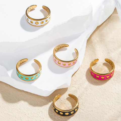 Bague Ouverte en Acier Inoxydable à la Mode Plaquée Or 18K Émail Rivet Point Bague Réglable pour Femme Bijoux Étanches Cadeau