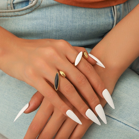 18K Vergulde 316 Roestvrijstalen Emaille Marquise Open Ring Voor Dames Waterdicht Hypoallergeen Minimalistisch Geometrisch Verstelbare Vingerring Sieraden