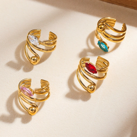 18K Gold Plated Stainless Steel Open Ring For Women Adjustable Spiral Wrap Marquise Zirconia Finger Ring Fashion Jewelry Gift