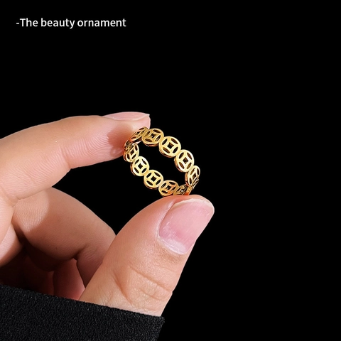 Vintage Stainless Steel Chinese Wealth Coin Ring For Women Gold Silver Rose Gold Plated Hollow Money Pattern Jewelry Gift