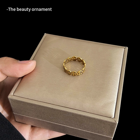 Vintage Stainless Steel Chinese Wealth Coin Ring For Women Gold Silver Rose Gold Plated Hollow Money Pattern Jewelry Gift
