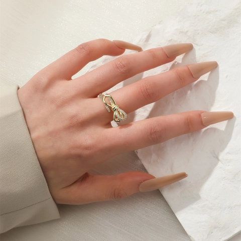 Korean Style Gold Alloy Open Ring For Women Rhinestone Inlaid Heart Bowknot Antler Adjustable Fashion Jewelry Ring