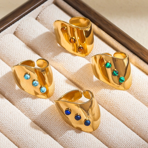 Vintage 18K Vergoldet Edelstahl Breiter Band Offener Ring Damen Bunter Naturstein Eingelegt Einstellbarer Schmuck