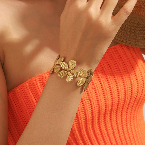 Brazalete Abierto de Flor de Acero Inoxidable 316 Vintage Chapado en Oro 18K Impermeable Hipoalergénico Joyería para Mujer