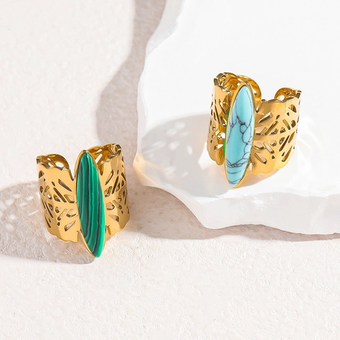 Boheems Vintage 316 Roestvrij Staal 18K Goud Vergulde Open Ring Voor Vrouwen Geometrische Hol Ingelegde Natuursteen Vinger Sieraden Cadeau