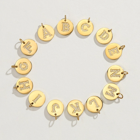 316L Stainless Steel 14K Gold Plated Initial Pendant For Women Round Coin Rhinestone Alphabet Charm DIY Jewelry Accessories
