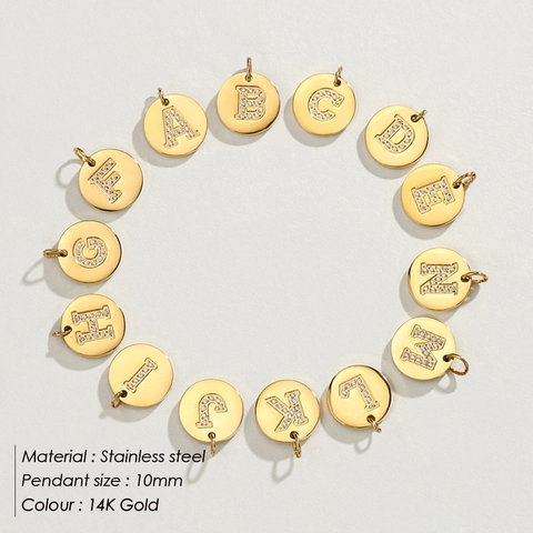 316L Stainless Steel 14K Gold Plated Initial Pendant For Women Round Coin Rhinestone Alphabet Charm DIY Jewelry Accessories