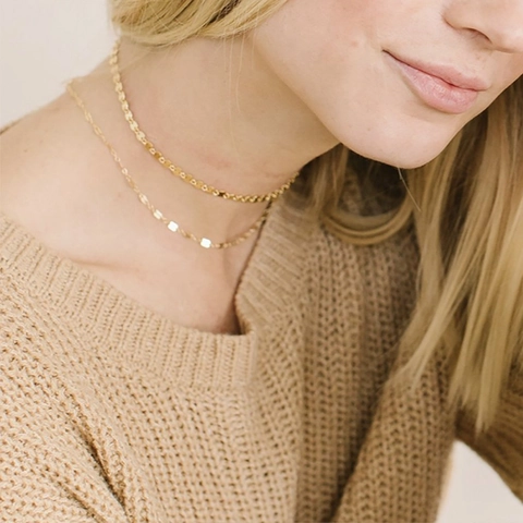 Minimalist Stainless Steel Double Layered Chain Necklace For Women 14K Gold Plated Disc Choker Fashion Daily Jewelry