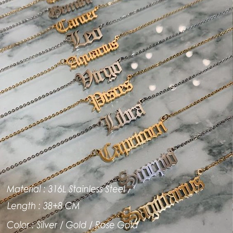 Gothic Old English Twelve Zodiac Sign Pendant Necklace For Women Stainless Steel Gold Silver Rose Gold Fashion Constellation Jewelry