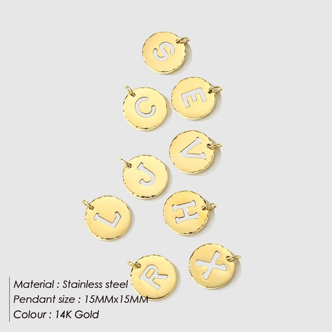Stainless Steel Round Alphabet Charm Gold Plated Hollow Initial Letter Hammered Edge Pendant For DIY Jewelry Making Women