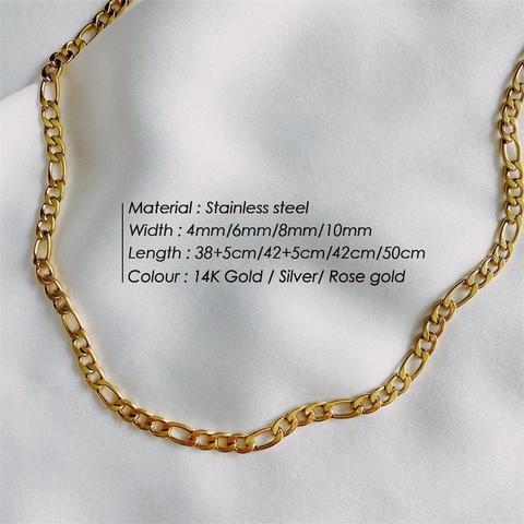 Stainless Steel Figaro Chain Necklace For Men Women Gold Silver Rose Gold Plated Link Chain Choker Jewelry Gift