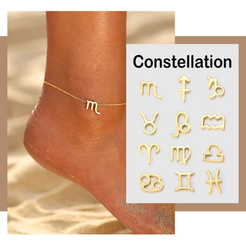 JUJIE 12 Zodiac Constellation Stainless Steel Anklets For Women Zodiac Symbol Pendant Foot Jewelry Gold Silver Rose Gold Beach Accessory