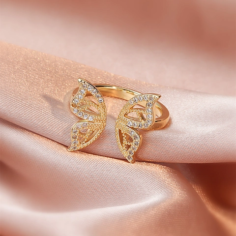 18K Gold Plated Copper Butterfly Open Ring For Women Zirconia Inlaid Hollow Design Adjustable Fashion Finger Ring Jewelry