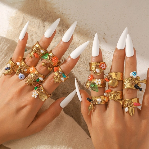 Anello Aperto Bohemien in Acciaio Inossidabile per Donna Placcato Oro Martellato Stile Vacanza Ciondolo Perla Stella Marina Regolabile