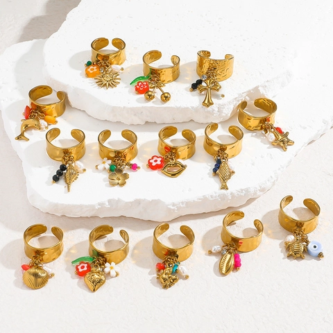 Anello Aperto Bohemien in Acciaio Inossidabile per Donna Placcato Oro Martellato Stile Vacanza Ciondolo Perla Stella Marina Regolabile