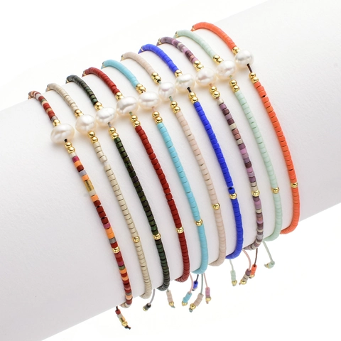 Bracciale Artigianale in Perline di Vetro MIYUKI Con Perla Naturale d'Acqua Dolce Cordino Regolabile Gioielli Boho Donna