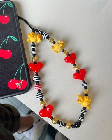 Chaîne de Téléphone en Perles de Résine Faite Main Pop-corn et Cœur Bijou de Téléphone Coloré Style Y2K Dopamine Femme