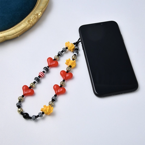Chaîne de Téléphone en Perles de Résine Faite Main Pop-corn et Cœur Bijou de Téléphone Coloré Style Y2K Dopamine Femme