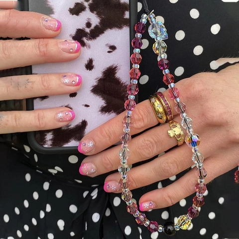 Facettiertes Kristall Acryl Totenkopf Handy Anhänger Band Trendiges Tschechisches Glas Perlen Anti-Verlust Lanyard Für Damen