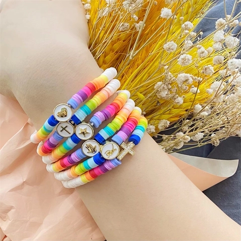 Boheems Kleurrijke Heishi Polymeerklei Armband Verguld Koper Emaille Hart Kruis Ster Bedeltje Handgemaakte Kralen Sieraden Vrouwen
