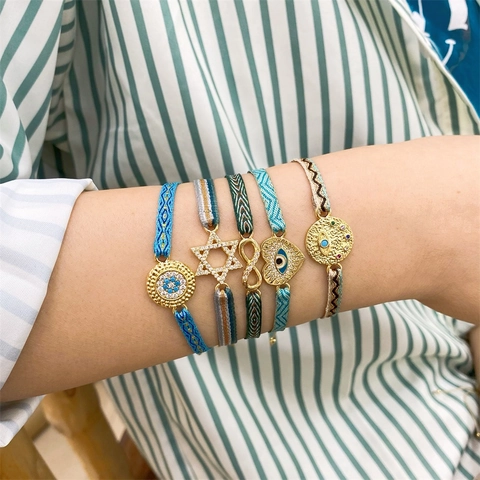 Bohemian Geflochtenes Armband Mit Böser Blick Hand Der Fatima Stern Mond Anhänger Verstellbar Handgemacht Ethnisch Damen Herren Schmuck