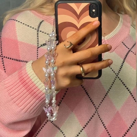 Ciondolo per Telefono con Perline a Forma di Farfalla Cangiante in Acrilico Perla Artificial Sintetica Cristallo Cordino per Donna Ragazza