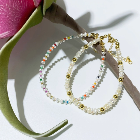 Bracciale di Perle d'Acqua Dolce Barocche Perline Miyuki Colorate Perle in Rame Placcato Oro Catena di Estensione Donna