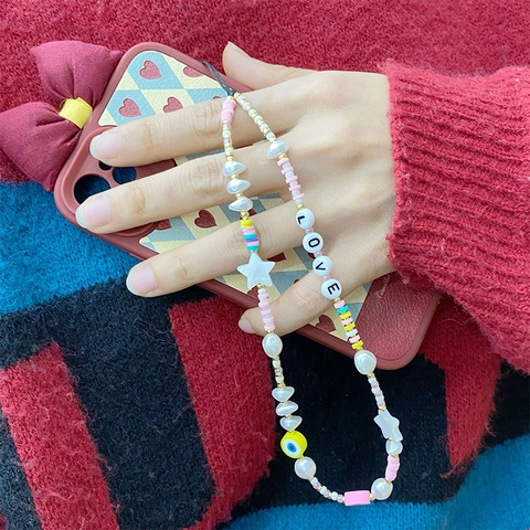Correa de Teléfono de Cuentas de Colores Hecha a Mano Con Perla Artificial Concha Estrella Mal de Ojo Letras Love Para Mujer