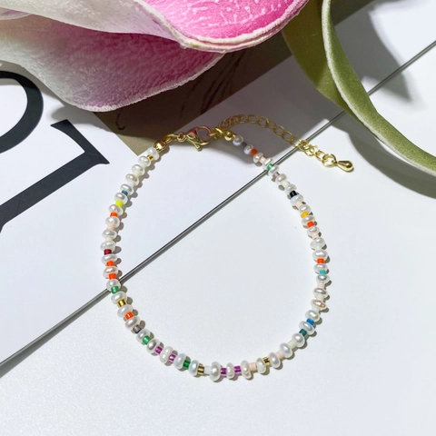 Bracciale di Perle d'Acqua Dolce Barocche Perline Miyuki Colorate Perle in Rame Placcato Oro Catena di Estensione Donna