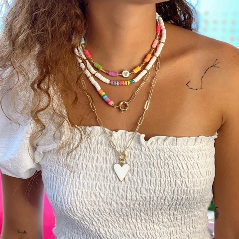 Bohemian Polymer Clay Heishi Bead Necklace For Women Gold Plated Chain Enamel Heart Pendant Rainbow Choker Handmade Jewelry