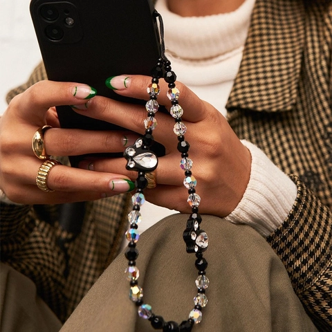 Handmade Beaded Phone Chain For Women Black Iridescent Crystal Beads Rhinestone Rabbit Charm Anti-lost Mobile Phone Lanyard