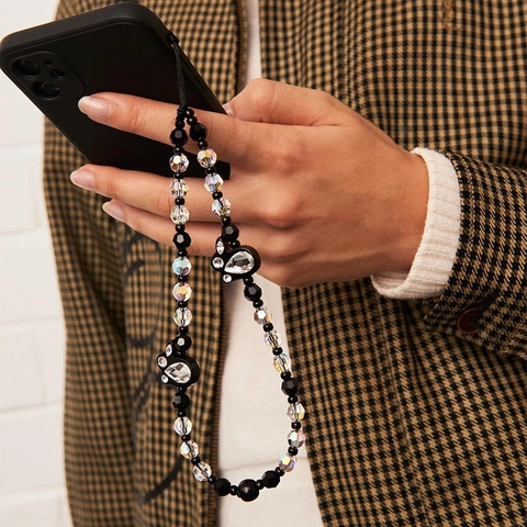 Handmade Beaded Phone Chain For Women Black Iridescent Crystal Beads Rhinestone Rabbit Charm Anti-lost Mobile Phone Lanyard