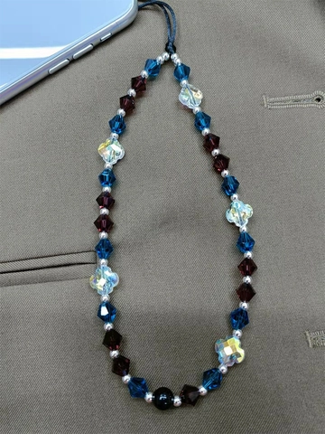 Handmade Crystal Four-Leaf Clover Beaded Phone Lanyard Iridescent Rhombus Acrylic Bead Wrist Strap Phone Keychain For Men Women Daily Use