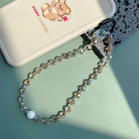 Crystal Beaded Mobile Phone Lanyard Champagne Color Handmade Skull Charm Anti-Lost Keychain For Women Phone Decoration