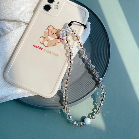 Crystal Beaded Mobile Phone Lanyard Champagne Color Handmade Skull Charm Anti-Lost Keychain For Women Phone Decoration