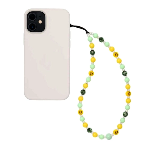 Handmade Beaded Phone Chain Mint Green Yellow Smiley Face Acrylic Crystal Anti-Lost Wrist Strap Lanyard Keychain Decor Women