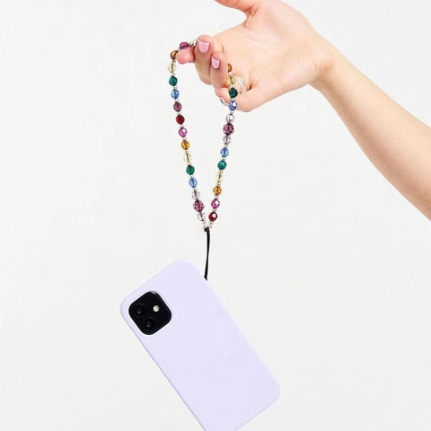 Colorful Crystal Acrylic Beaded Phone Chain Rainbow Faceted Bead Phone Lanyard Strap Anti-Lost Wristlet For Women Tech Accessory