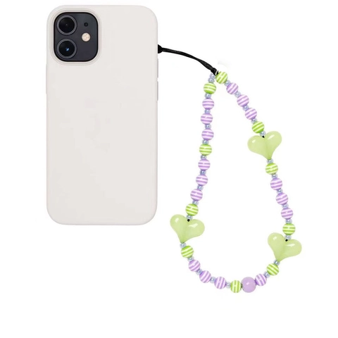 Y2K Acrylic Beaded Phone Strap Purple Striped Beads Green Heart Charm Phone Lanyard Wrist Strap For Women Phone Decor
