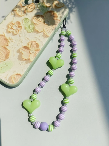 Y2K Acrylic Beaded Phone Strap Purple Striped Beads Green Heart Charm Phone Lanyard Wrist Strap For Women Phone Decor
