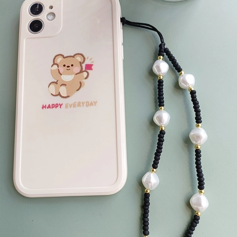 Minimalist Beaded Phone Lanyard Strap Irregular Faux Artificial Pearl Frosted Glass Beads Black White Gold Accessory For Women