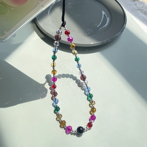 Cordino per Telefono in Perline di Cristallo Sfaccettato Colorato Cinturino da Polso Corto Catena in Acrilico Arcobaleno per Donna