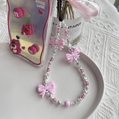 Süße Rosa Schleife Künstliche Perlen Handykette Mit Imitationsperle Ästhetische Herzperlen Lanyard Strap Für Damen Mädchen Dekoration