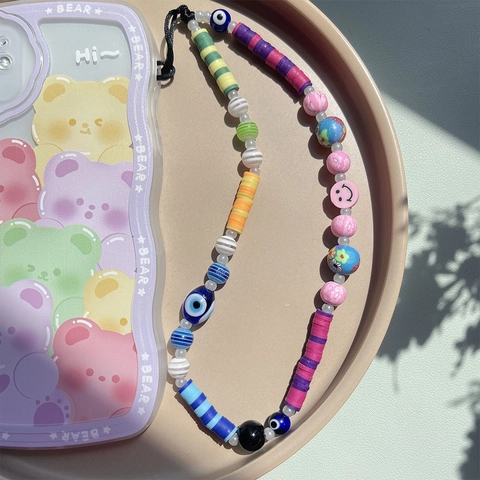 Bohemian Evil Eye Polymer Clay Phone Chain Colorful Smiley Face Bead Lanyard For Women Handmade Tech Accessory Decoration